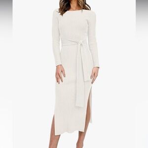 White Ribbed Long Sleeve Dress